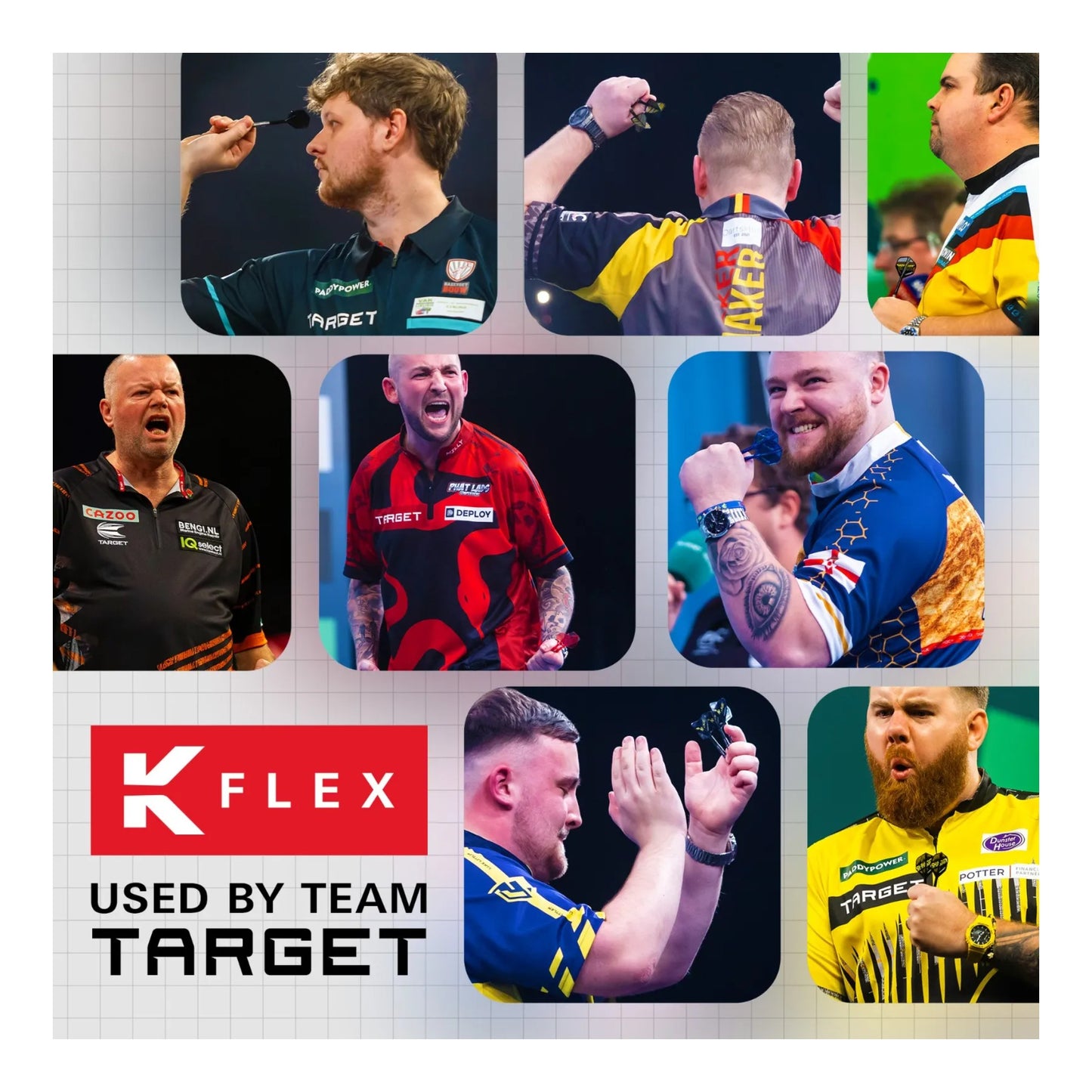 Collage of darts players with K Flex branding