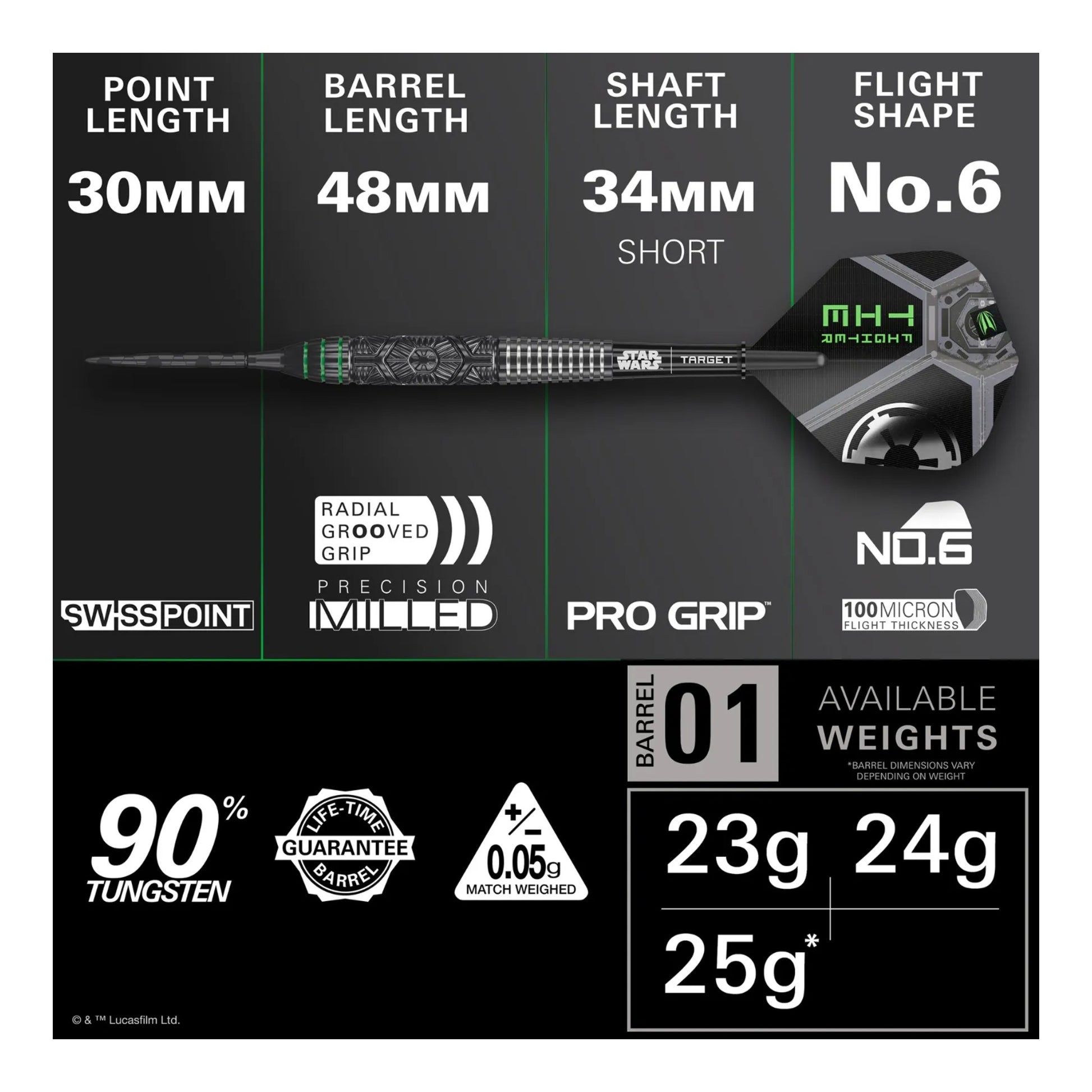 A close-up of the 90% tungsten dart barrel, highlighting the precision-milled grip and Onyx Swiss Point.