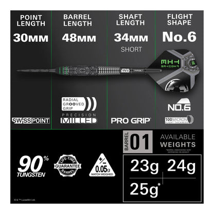 A close-up of the 90% tungsten dart barrel, highlighting the precision-milled grip and Onyx Swiss Point.