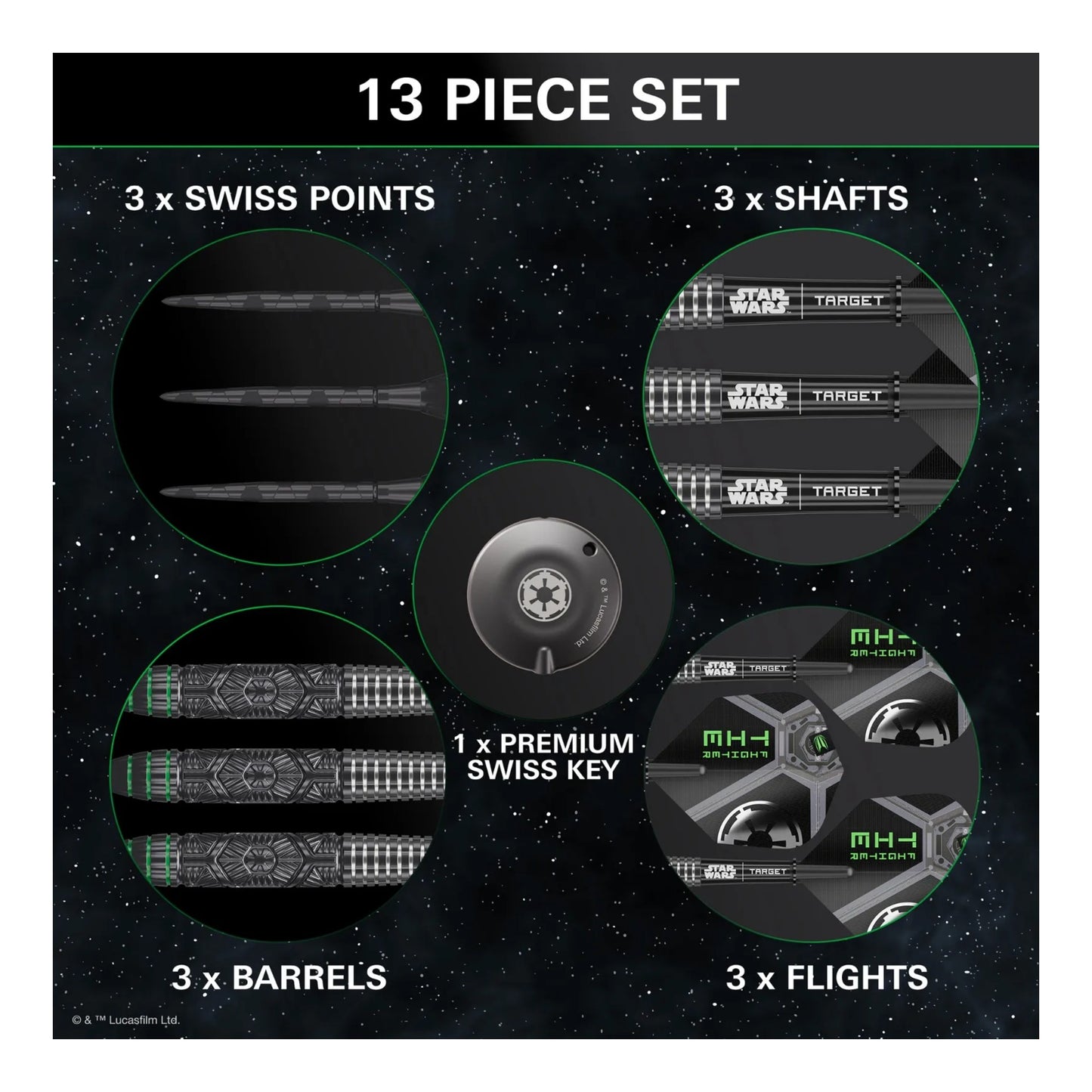 All accessories included with the Tie Fighter darts: three flights, three shafts, and the black Swiss Point keyring tool.
