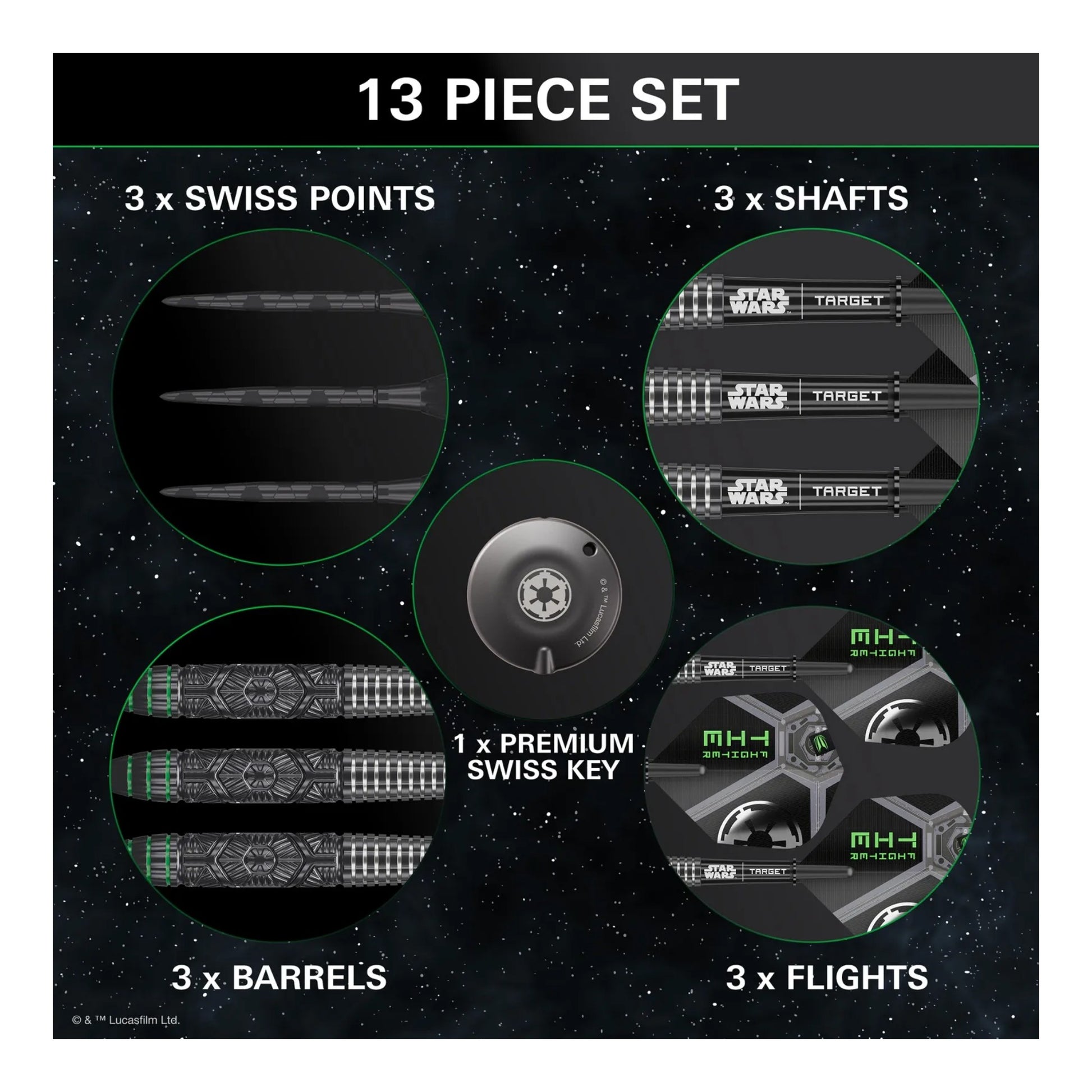 All accessories included with the Tie Fighter darts: three flights, three shafts, and the black Swiss Point keyring tool.