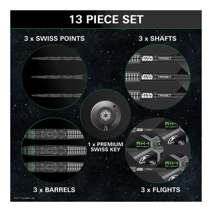 All accessories included with the Tie Fighter darts: three flights, three shafts, and the black Swiss Point keyring tool.