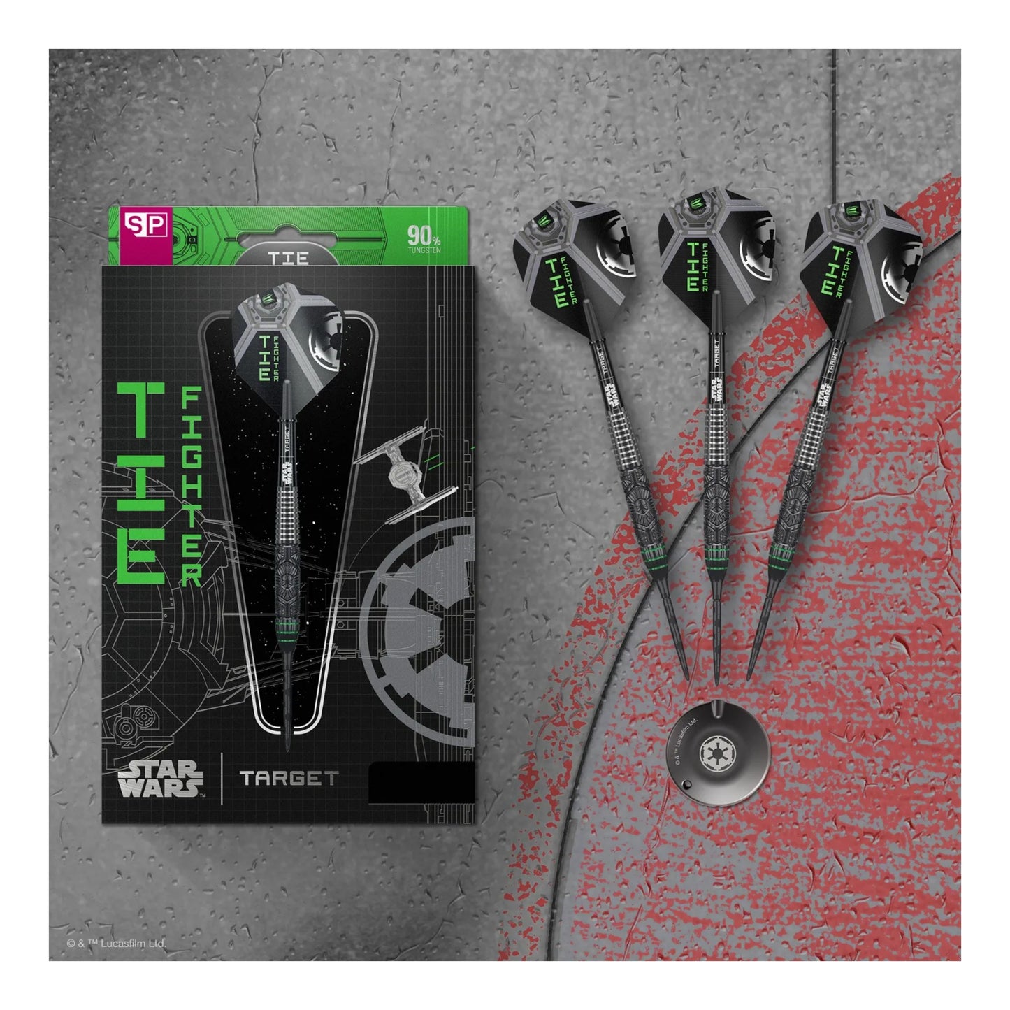 The official Star Wars and Target Darts branded packaging for the Tie Fighter 90% tungsten dart set.