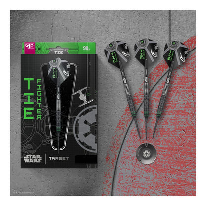 The official Star Wars and Target Darts branded packaging for the Tie Fighter 90% tungsten dart set.