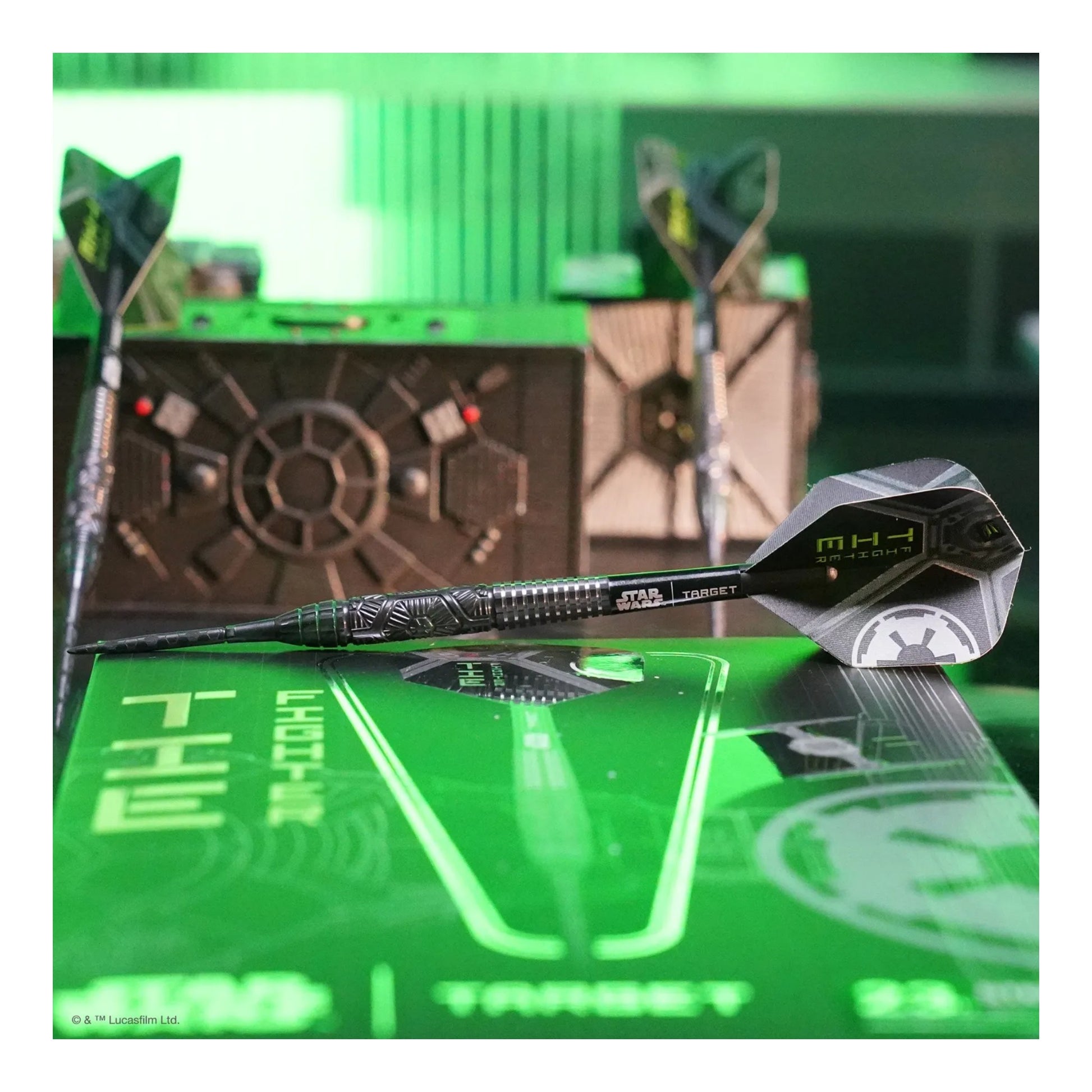 The official Star Wars Tie Fighter 90% Tungsten Steel Tip Dart by Target, showing the black barrel and Tie Fighter flight.