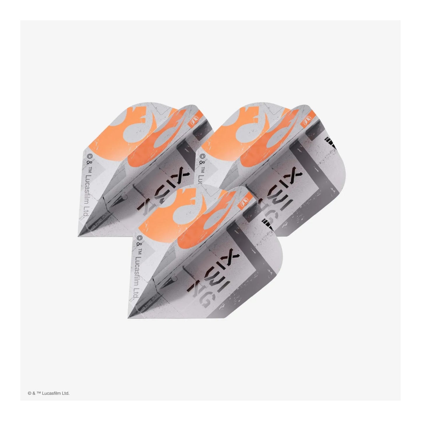 The official Star Wars X-Wing Pro Ultra dart flights in the No.6 shape, showing the grey Rebel Alliance design.