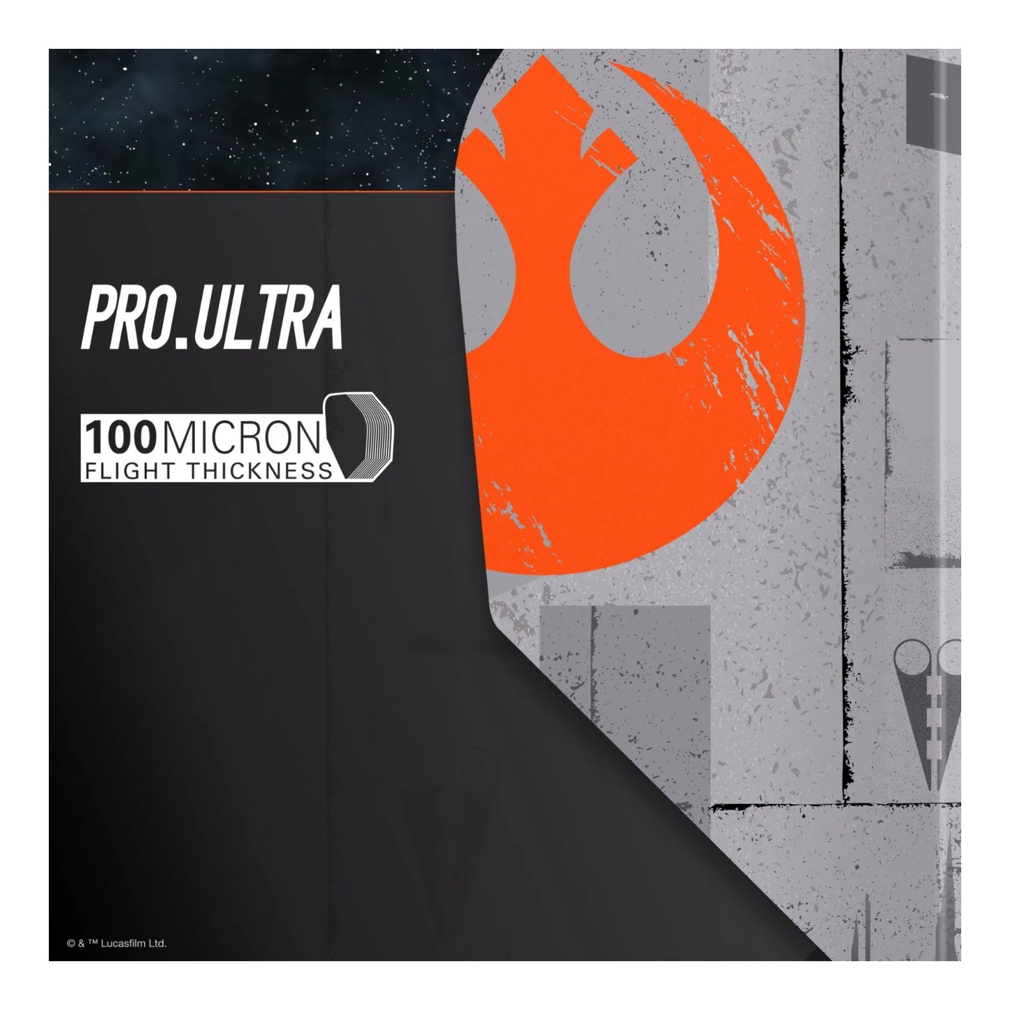 A side profile of the 100-micron X-Wing dart flight, showing the Spot UV coating detail.