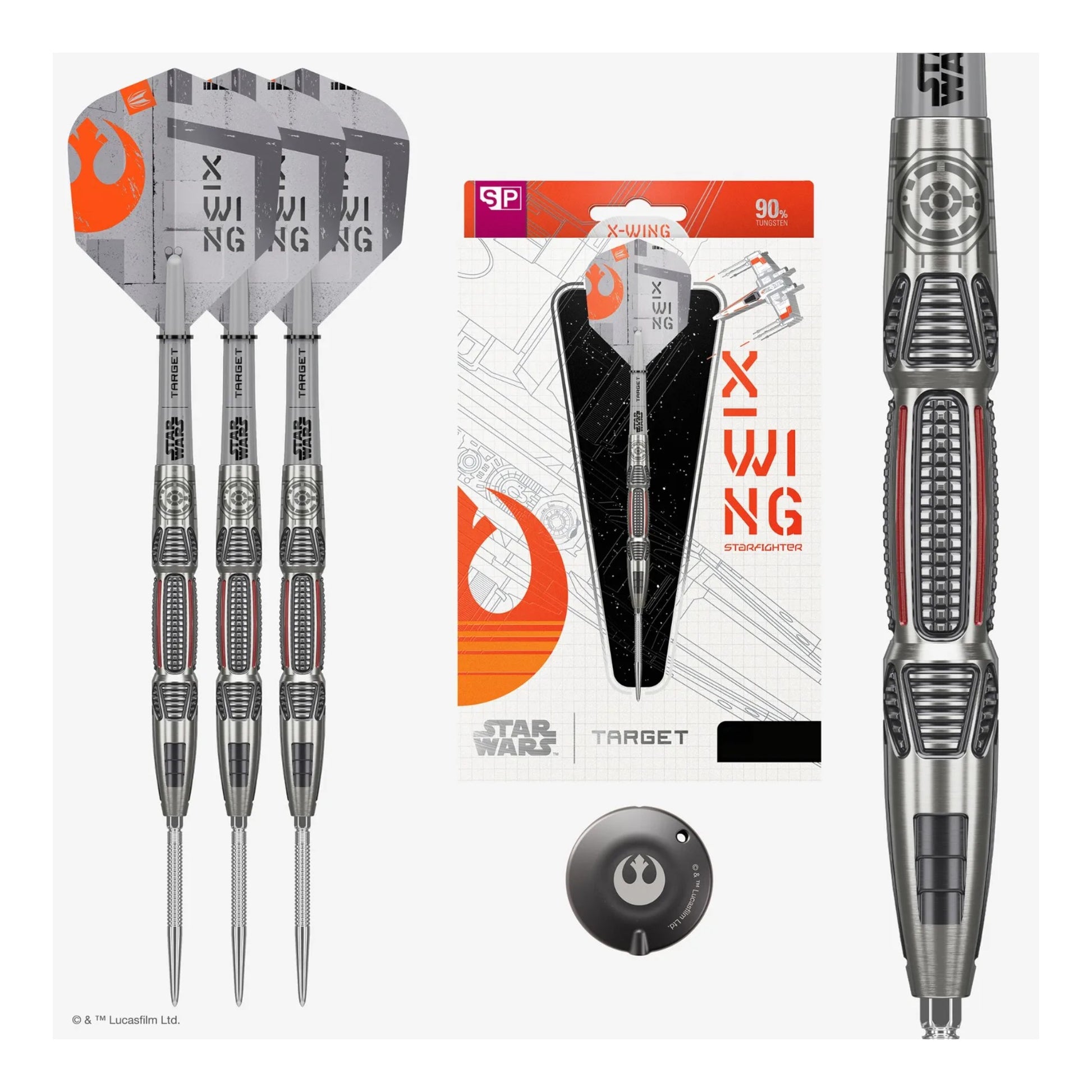 The official Star Wars X-Wing 90% Tungsten Steel Tip Dart by Target, showing the silver barrel and X-Wing flight.