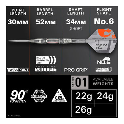 A close-up of the 90% tungsten X-Wing dart barrel, highlighting the radial grooved grip and silver GRD Swiss Point.