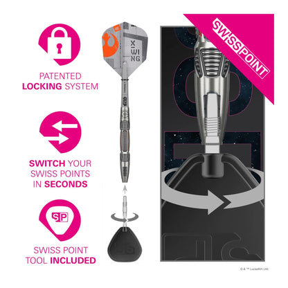 The complete X-Wing dart setup, including the Star Wars Pro Grip shaft and detailed Rebel Alliance flight.