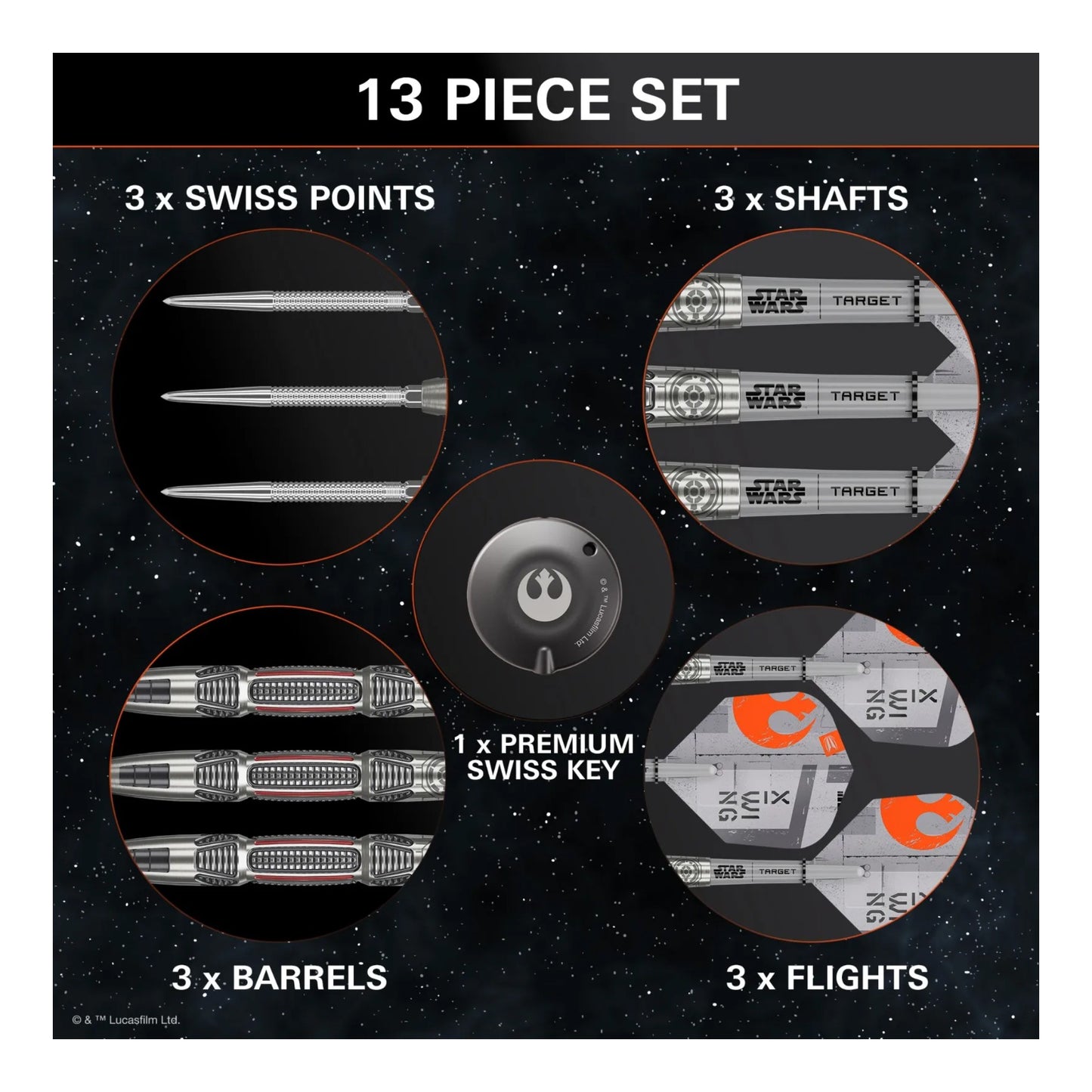 All accessories included with the X-Wing darts: three flights, three shafts, and the Swiss Point tool.