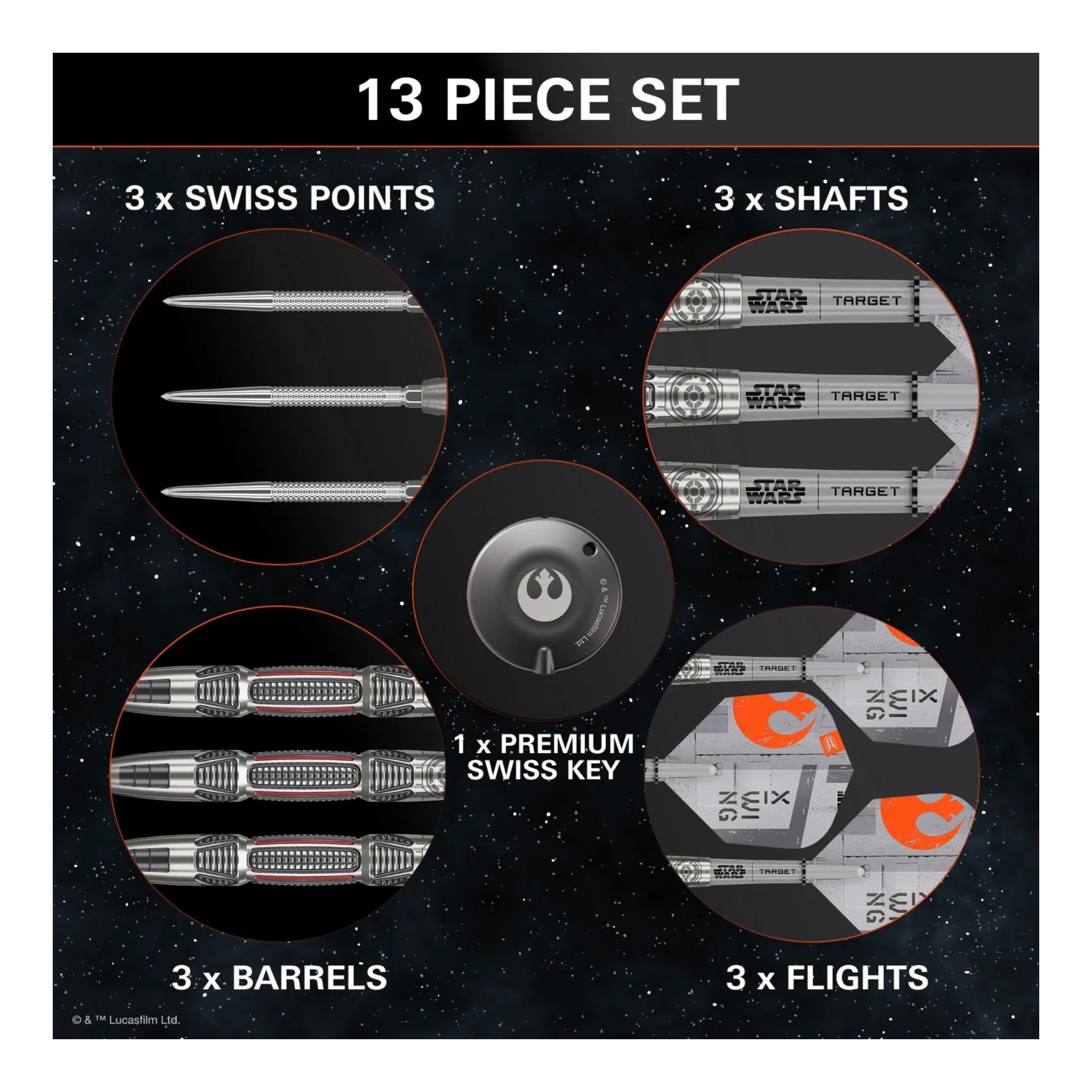 All accessories included with the X-Wing darts: three flights, three shafts, and the Swiss Point tool.