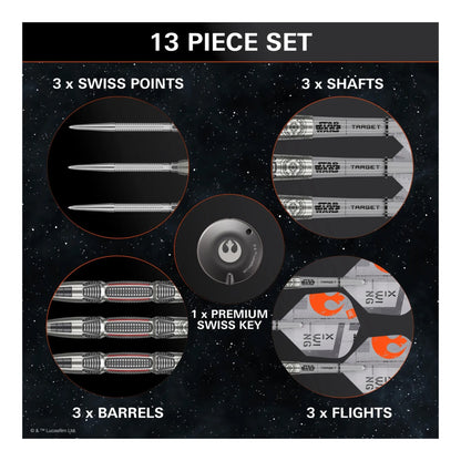 All accessories included with the X-Wing darts: three flights, three shafts, and the Swiss Point tool.