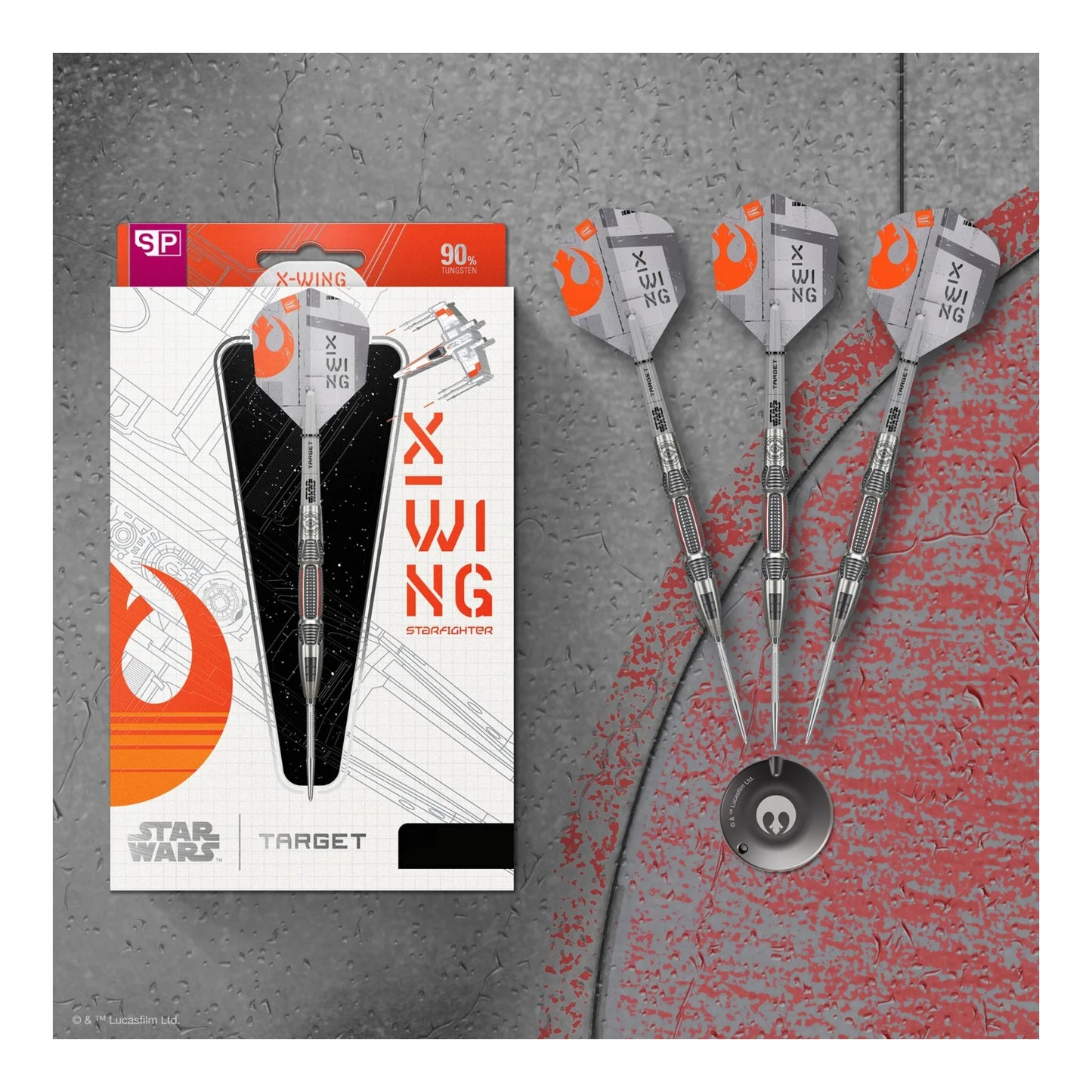 The official Star Wars and Target Darts branded packaging for the X-Wing 90% tungsten dart set.