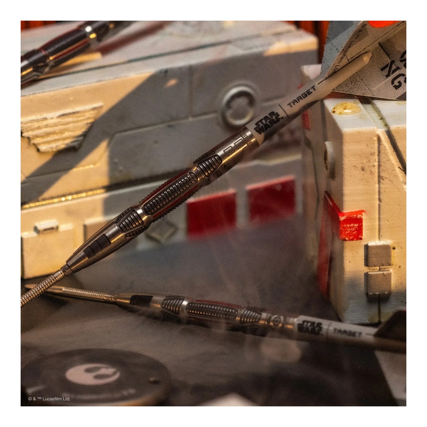 The official Star Wars and Target Darts branded packaging for the X-Wing 90% tungsten dart set.