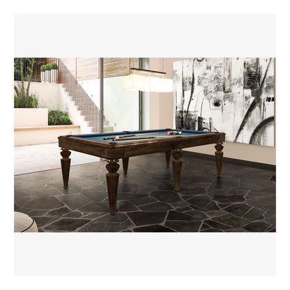 Wooden pool table in a modern living room with large windows.
