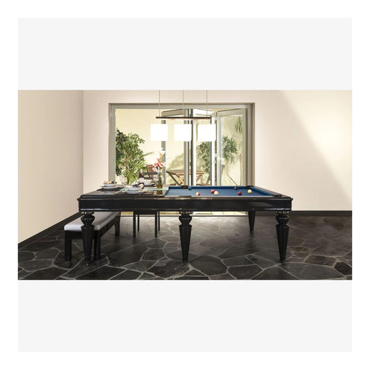 Billiard table in a room with a large window