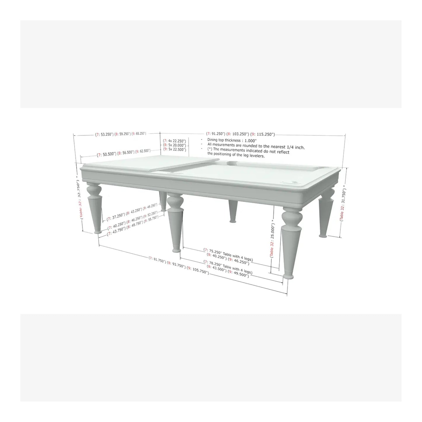 White wooden table with dimensions on a white background