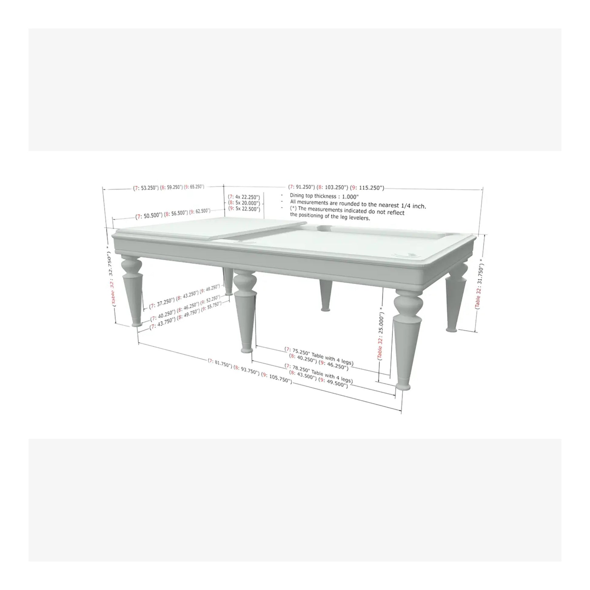 White wooden table with dimensions on a white background