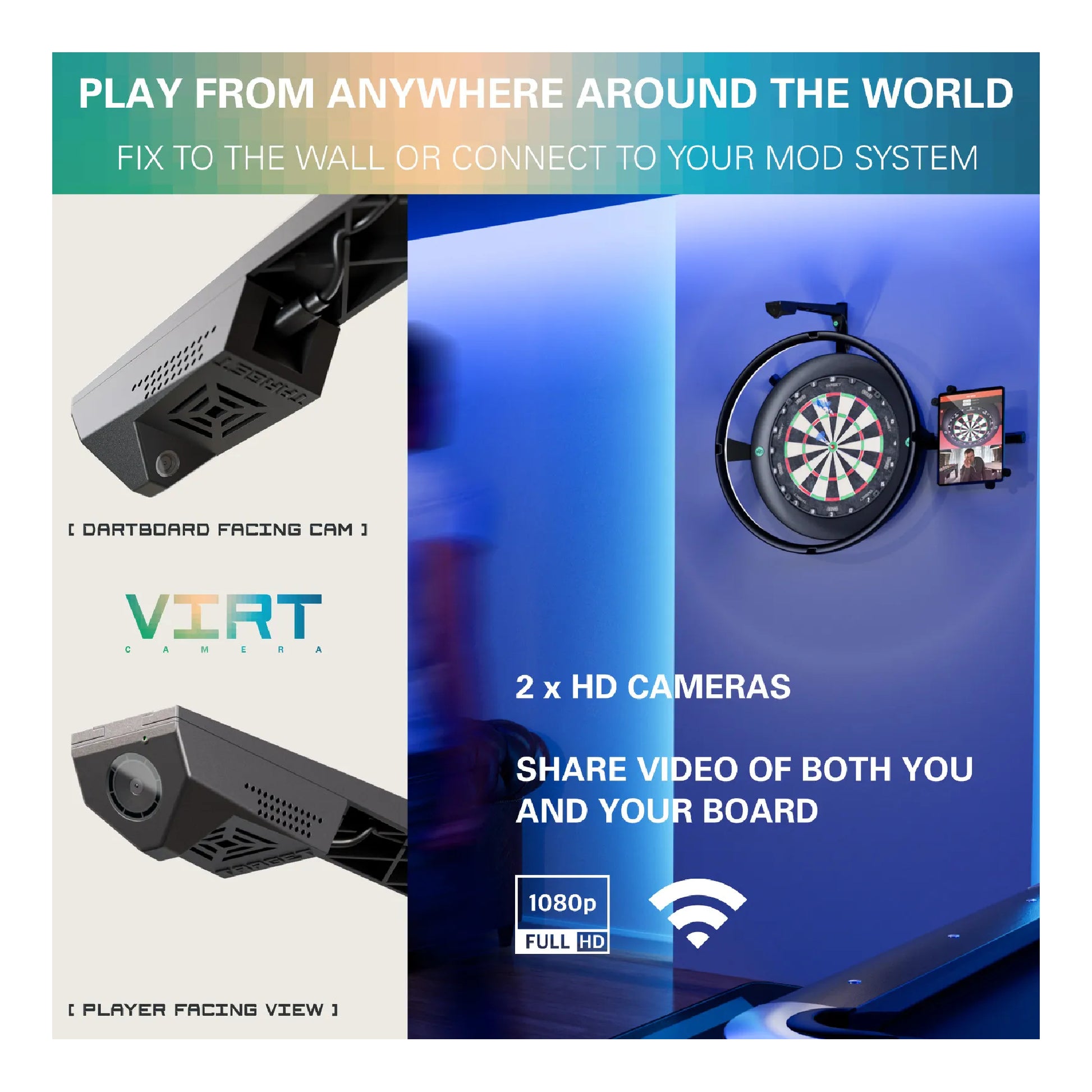 Virt Camera dartboard-facing camera displaying real-time dart throws