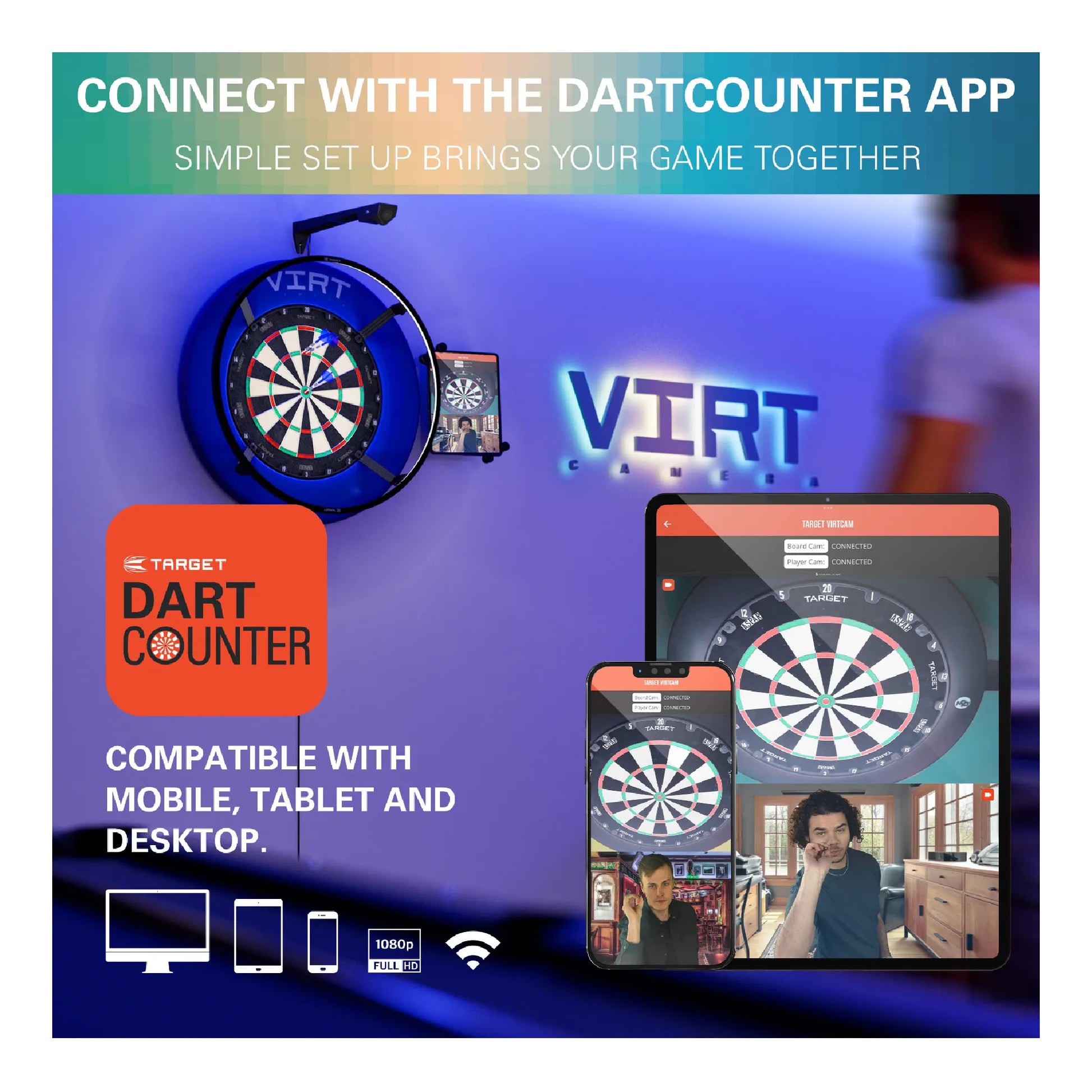 Virt Camera front-facing camera capturing dart player live action
