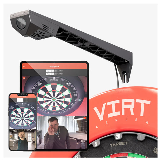 Virt Camera dual-camera system for darts showing front and dartboard view