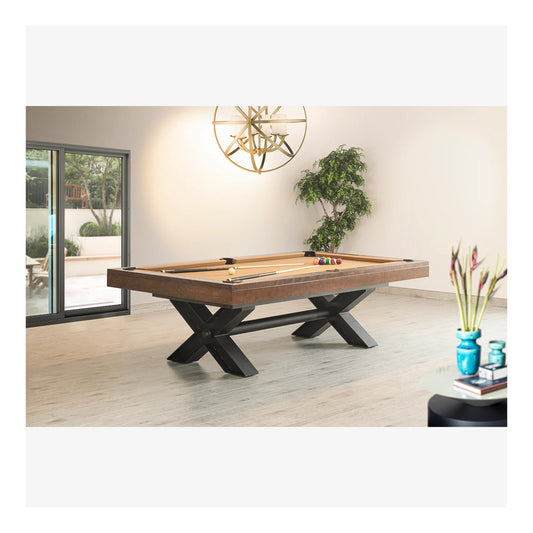 Wooden pool table in a modern living room with decor elements.