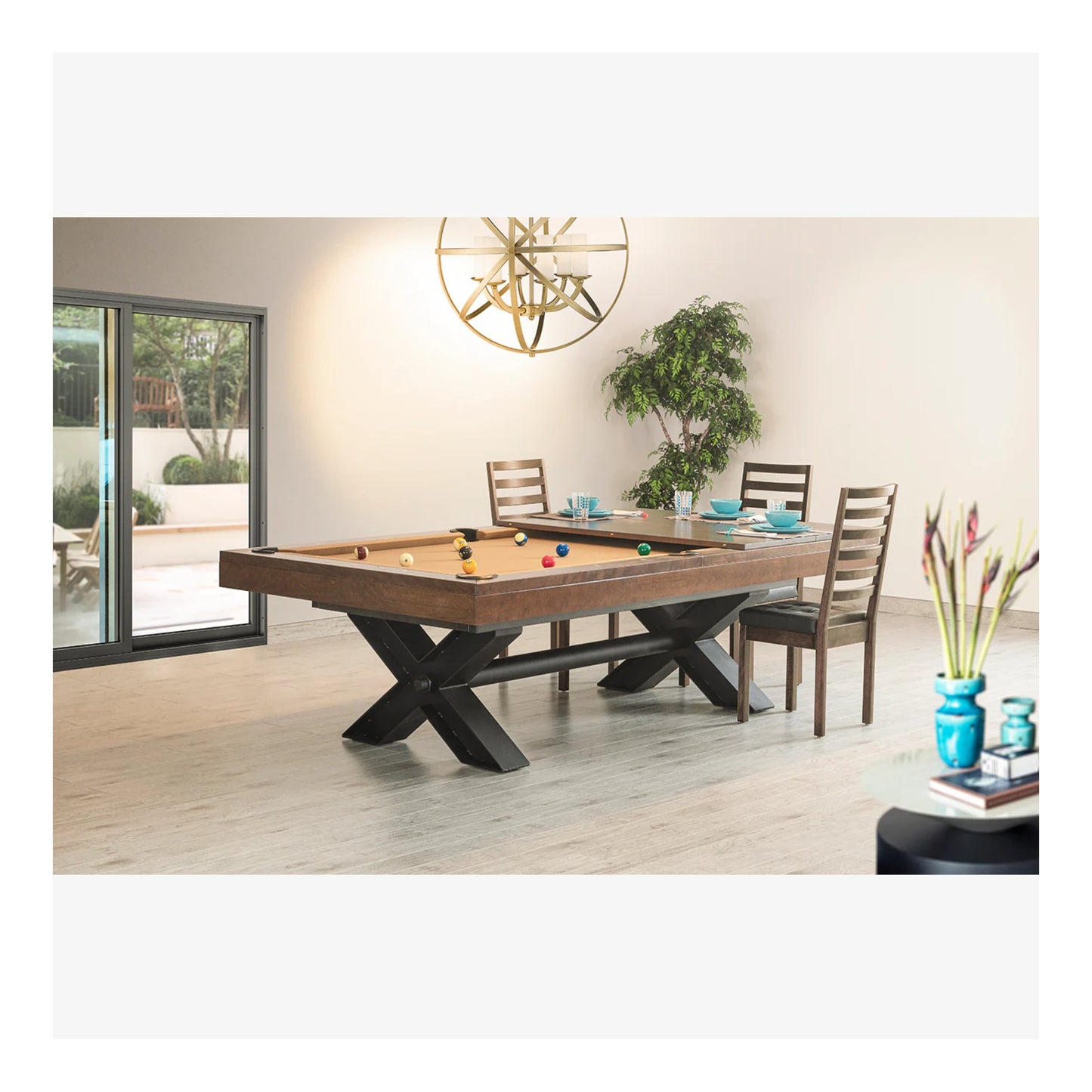Wooden pool table with dining area in a modern living room