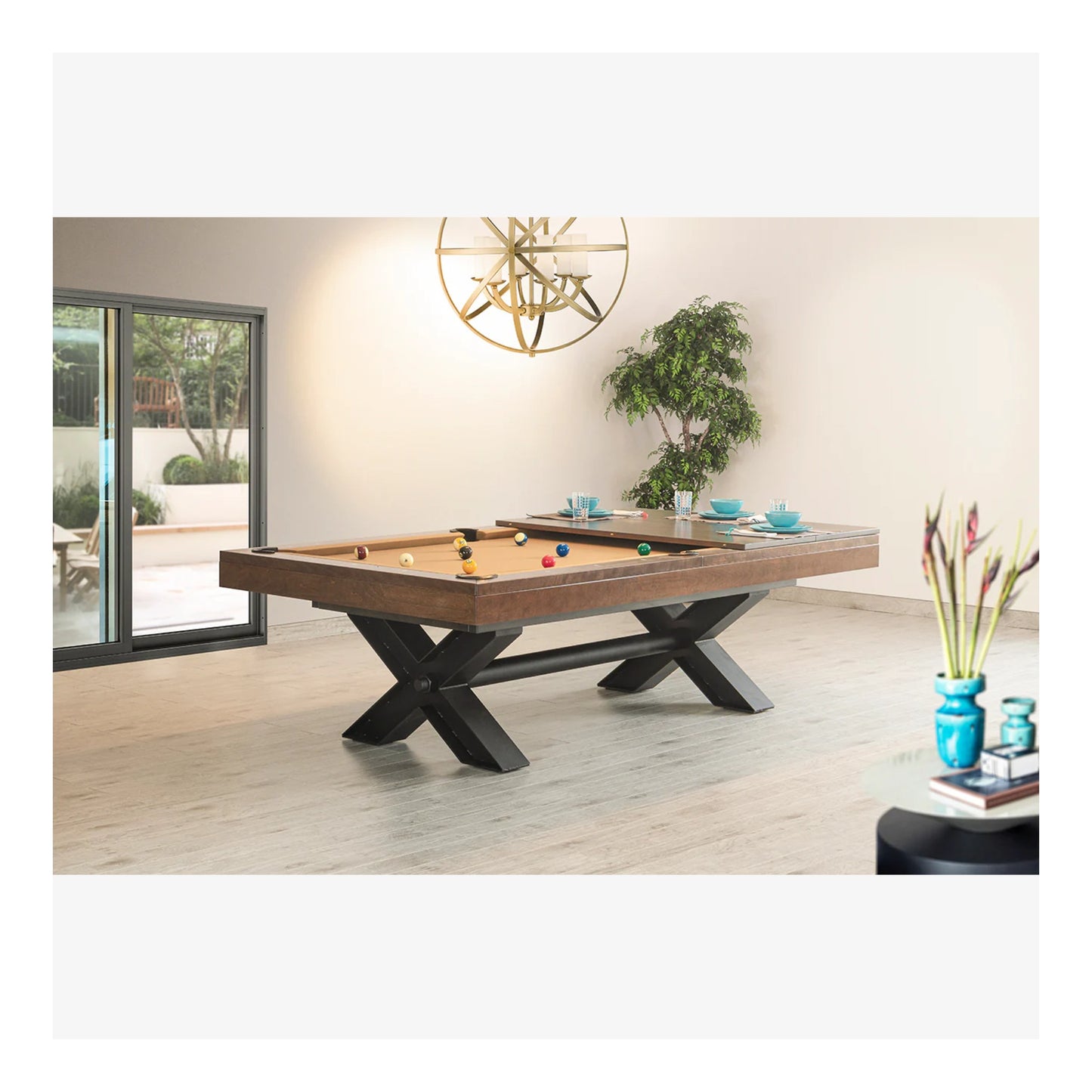 Wooden pool table in a modern living room with decor elements.