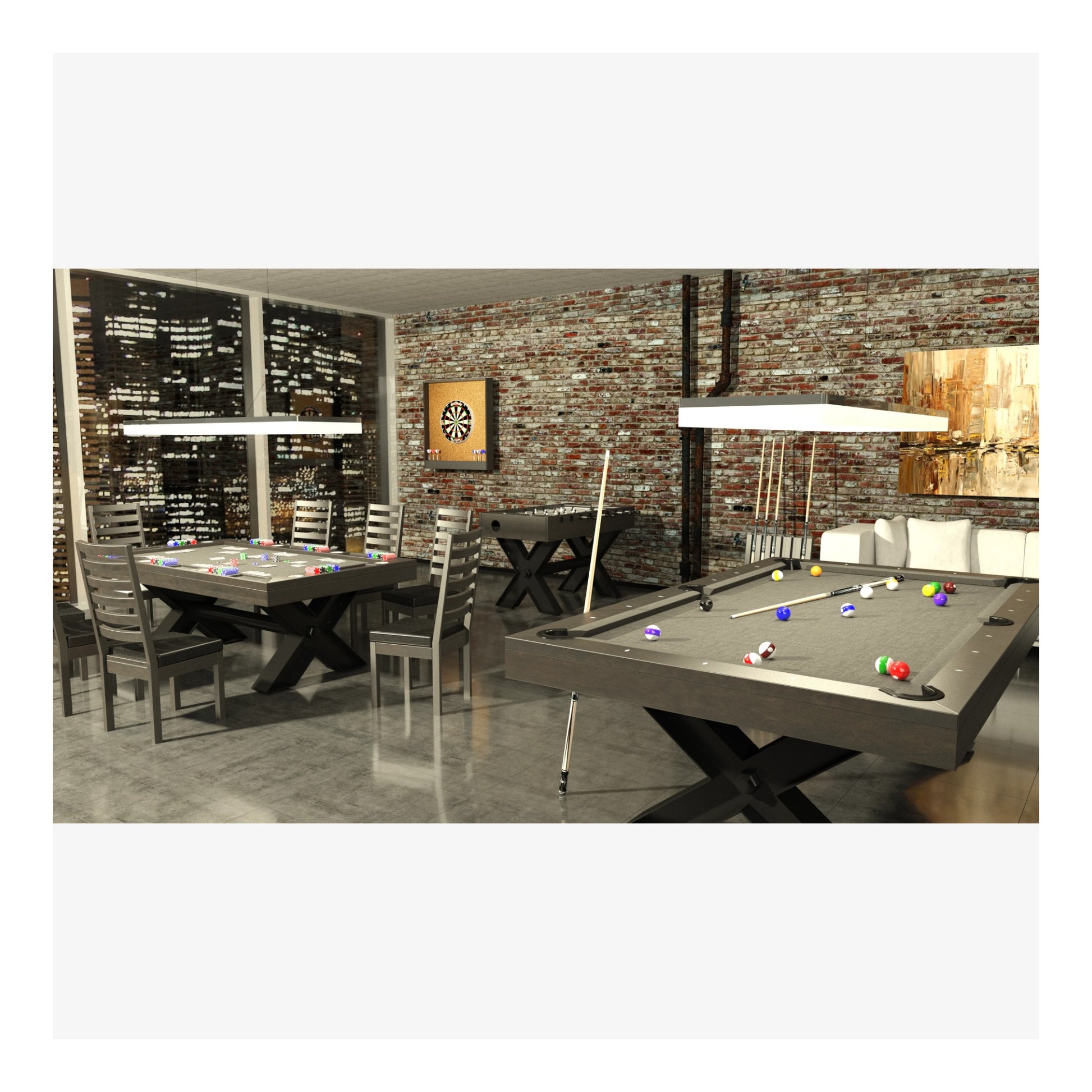 Game room with pool table and dining area against a brick wall.