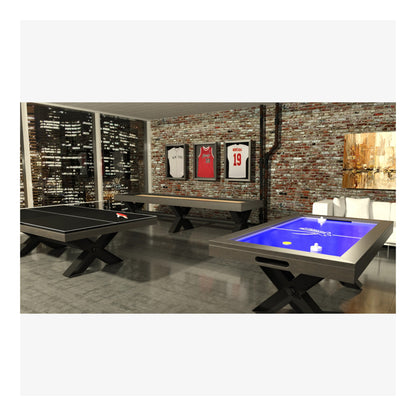 Game room with pool table, air hockey table, and sports jerseys on a brick wall.