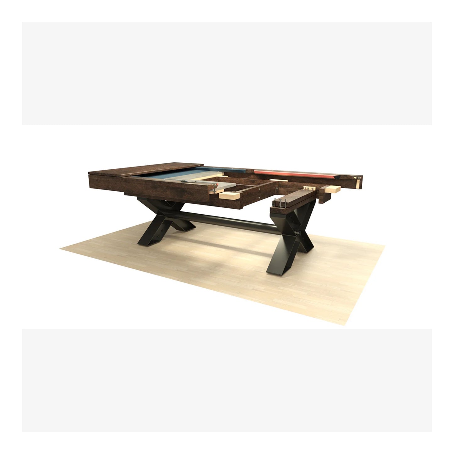 Pool table with X-shaped legs on a white background