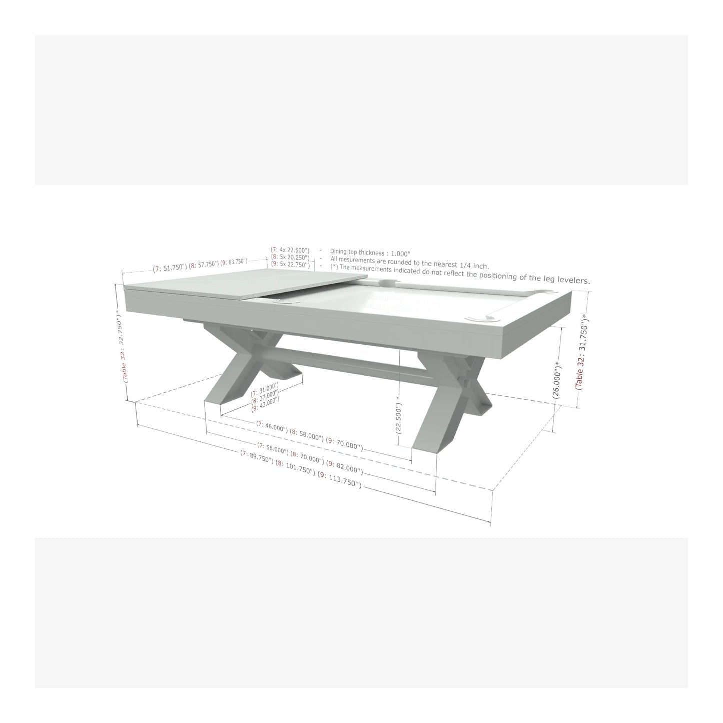 3D model of a rectangular outdoor table with dimensions on a white background