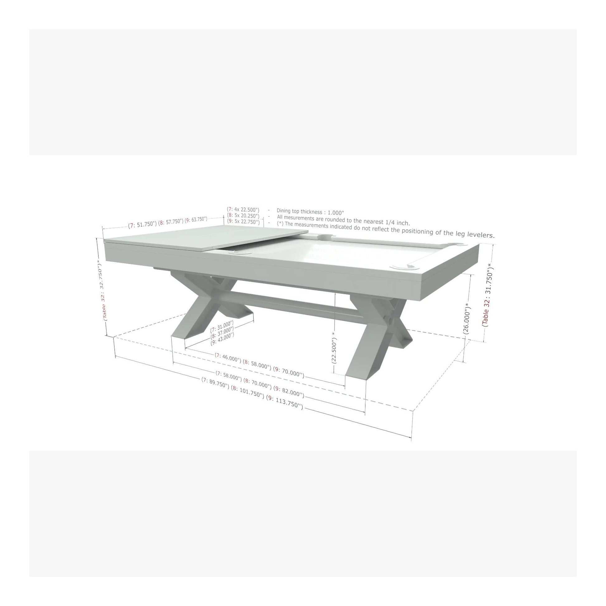 3D model of a rectangular outdoor table with dimensions on a white background