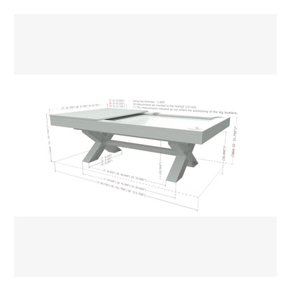 3D model of a rectangular outdoor table with dimensions on a white background