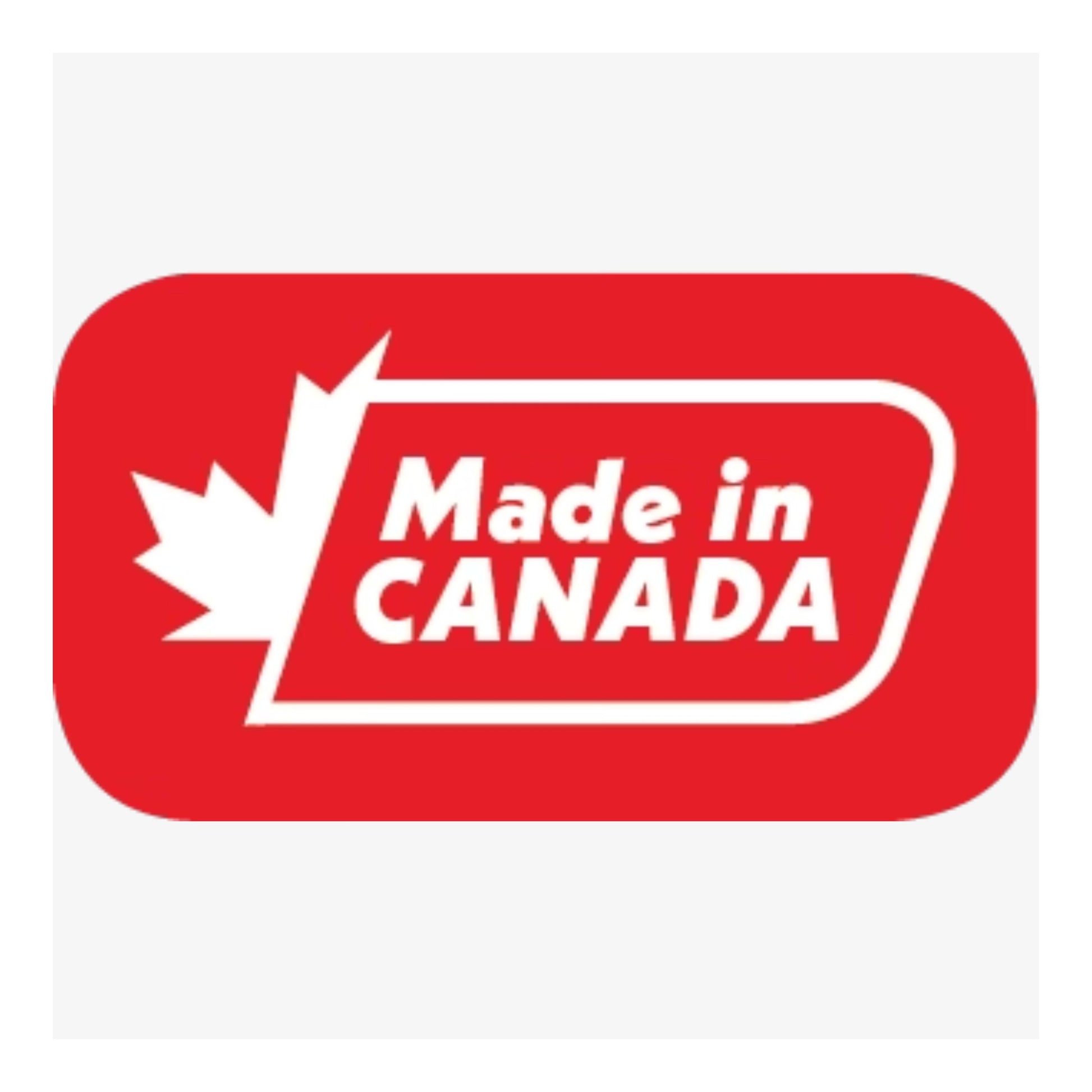 Red 'Made in Canada' logo with a white maple leaf on a white background